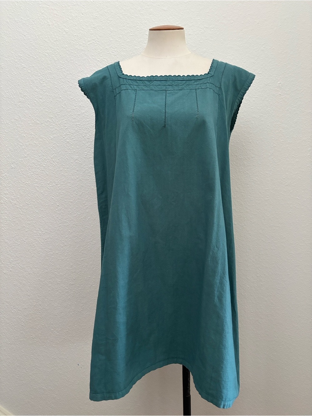 Antique 1900s French Cotton Teal Shift Dress Scallop Trim